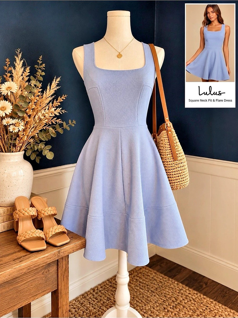 Size S Lulus Square Neck Fit & Flare Dress Blue Mini Dress